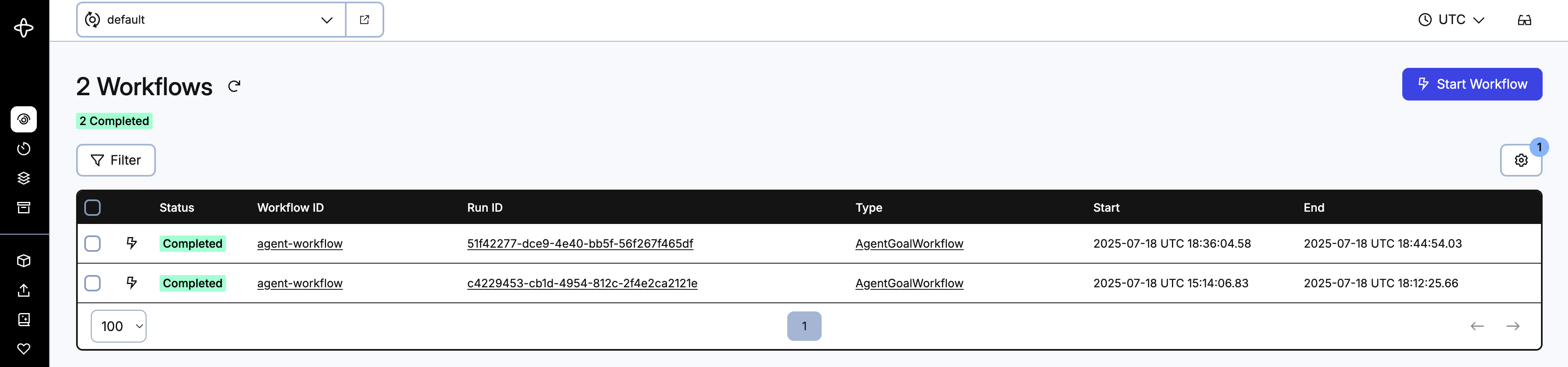 Screenshot of the Temporal Web UI Workflow Executions list page with your current Workflow Executions